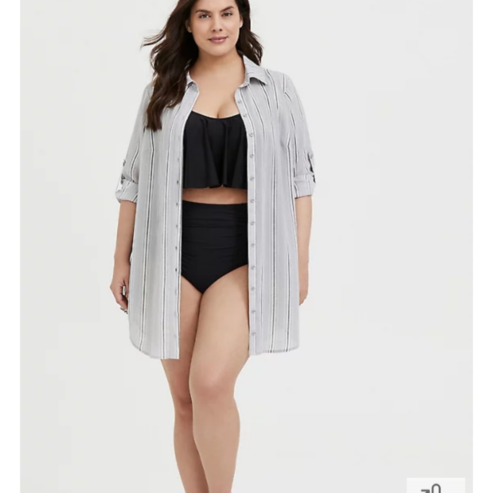 EUC, GREY STRIPE CRINKLE GAUZE BUTTON FRONT SHIRT DRESS SWIM COVER UP, 2X
